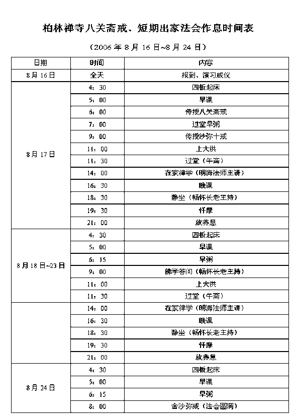 九 活动时间表:(看附件) 河北赵县柏林禅 2006年7月